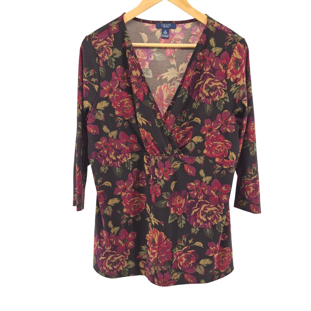 Chaps Dark Floral Print Top Plus Size 1X Cottagecore Dark‎ Academia Heritage